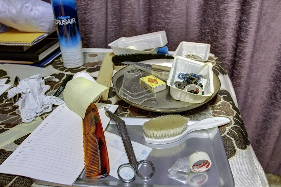 Peines, cepillo, tijeras y recipientes pequeños sobre una mesa de trabajo.