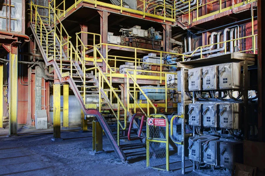 Yellow stairs and platforms beside a row of open electrical cabinets.