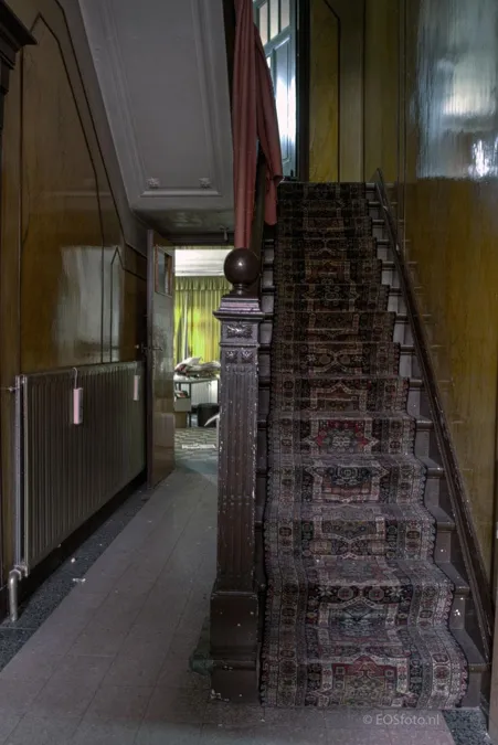 Narrow hallway with a straight staircase and patterned runner.