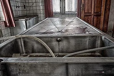 Fregadero largo de acero inoxidable con separadores bajo unas ventanas, junto a una puerta de madera.