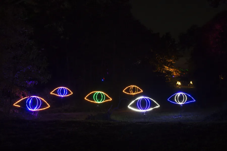 Zes oogvormige lichtobjecten met gekleurde pupillen in het donker.