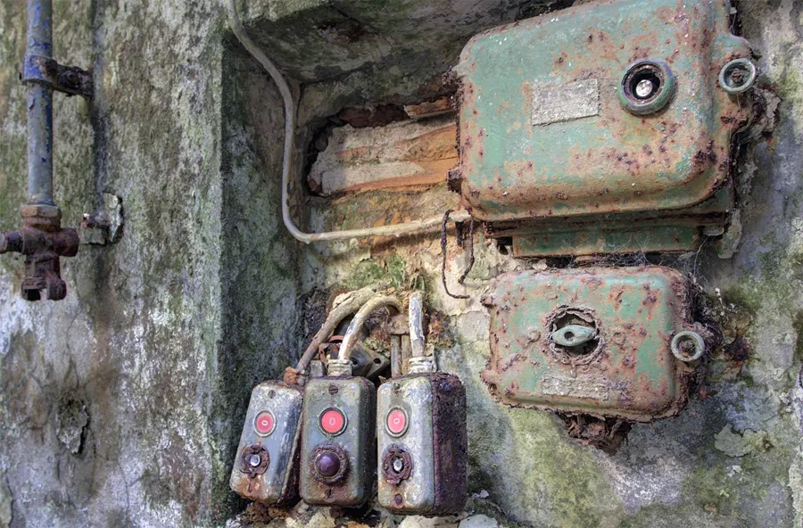 Rostige Elektrokästen und drei Bedienknöpfe an einer beschädigten Wand.