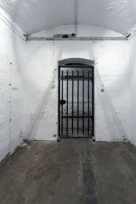 Pequeña sala blanca abovedada con puerta metálica de barrotes.