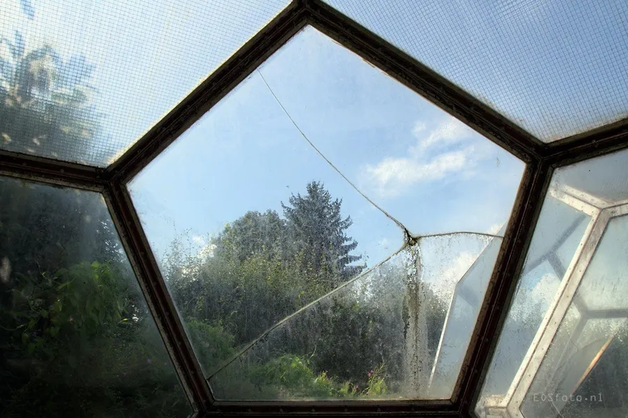 Panneau de fenêtre hexagonal avec des arbres derrière le vitrage sale