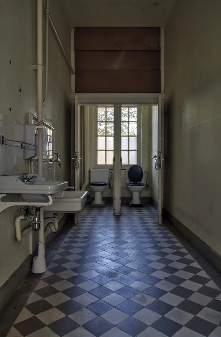 Pièce sanitaire étroite avec lavabos, toilettes et sol à damier.