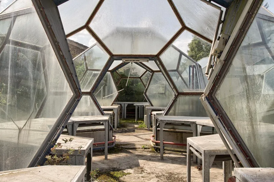 Vue à travers une structure de serre hexagonale avec tables de travail