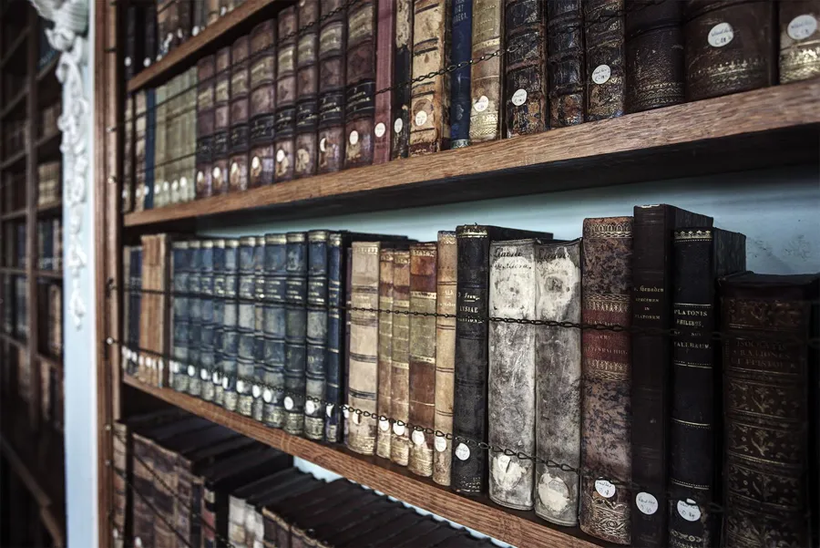 Nahaufnahme alter Bücher mit abgenutzten Lederrücken und kleinen runden Etiketten in Holzregalen.