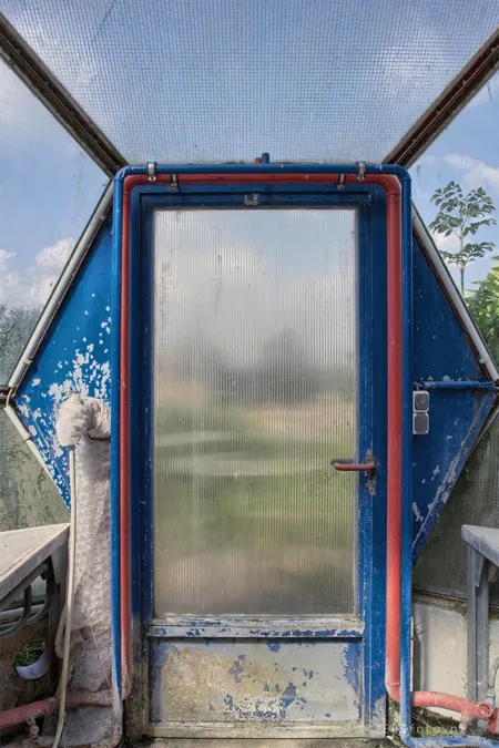 Porte bleue dans la structure légère de la serre