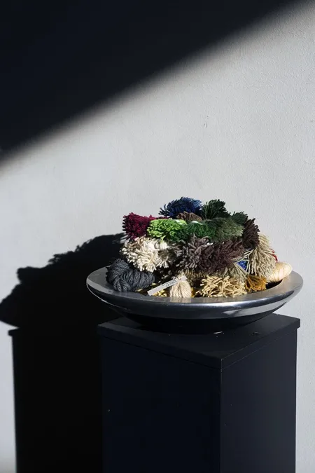 Cuenco de muestras pequeñas de hilo de colores en un haz de luz.