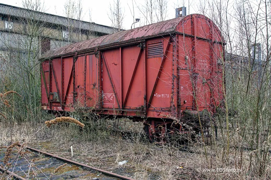 Rode gesloten goederenwagen tussen struiken naast een oud spoor.