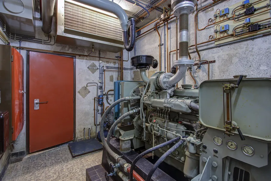 Motorruimte met rode deur, groene machine en dicht netwerk van leidingen.