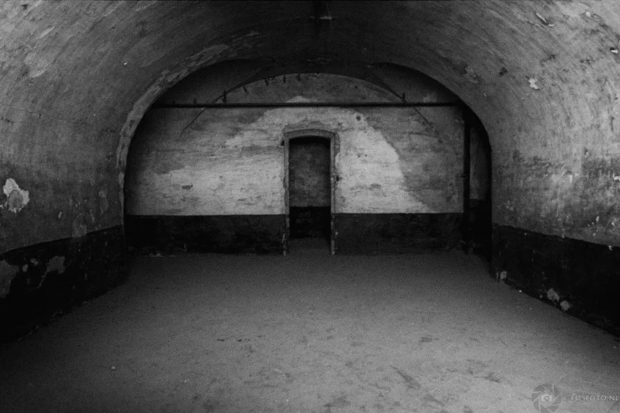 Empty vaulted room with a small doorway, in black and white.