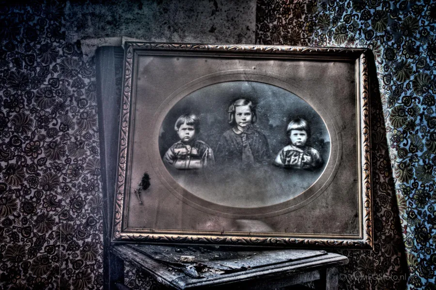 Framed portrait of three children against dark patterned wallpaper