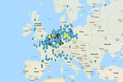 Map of Europe with blue, yellow and black markers from the original urbex overview.