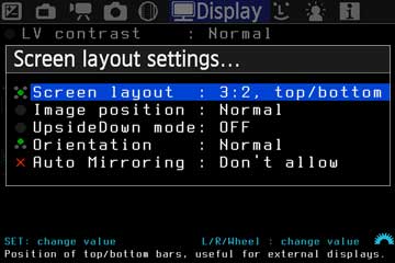 Screen-layout-settings-Untermenü mit 3:2-Anordnung sowie Dreh- und Spiegeloptionen
