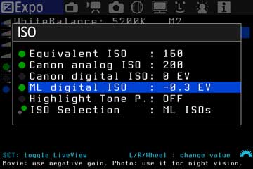 ISO-Untermenü mit ML digital ISO auf minus 0,3 EV ausgewählt