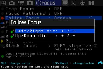 Follow-Focus-Untermenü mit Richtungswahl für links-rechts und oben-unten