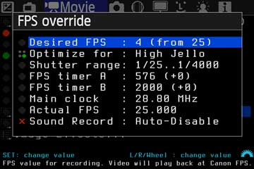 FPS-override-Untermenü mit Desired FPS, Timerwerten und Actual FPS