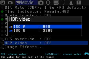 HDR-video-Untermenü mit ISO A auf 800 und ISO B auf 3200