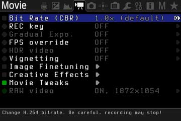 Movie-Menü mit Bit Rate, FPS override, HDR video und RAW video