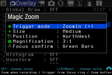 Magic-Zoom-Untermenü mit Trigger mode, Size, Position und Magnification