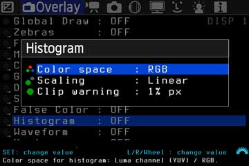 Histogram-Untermenü mit RGB, Linear und Clipping-Warnung von einem Prozent