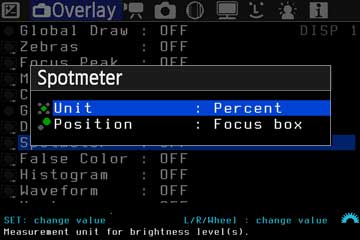 Spotmeter-Untermenü mit Einheit Percent und Position Focus box