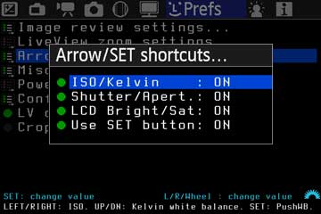 Arrow/SET-shortcuts-Untermenü mit aktiviertem ISO/Kelvin und Verschlusszeit-Blende