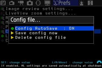 Config-file-Untermenü mit aktiviertem Config Autosave, Save config now und Delete config file