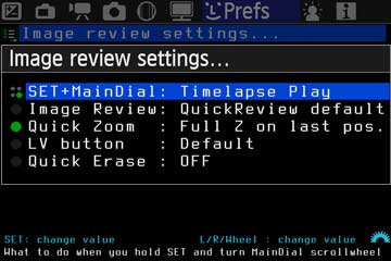 Image-review-settings-Untermenü mit SET+MainDial auf Timelapse Play
