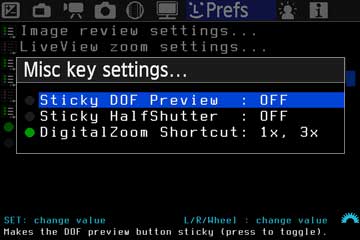 Misc-key-settings-Untermenü mit Sticky DOF Preview, Sticky Halfshutter und DigitalZoom Shortcut
