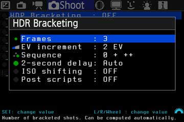 HDR-Bracketing-Untermenü mit drei Bildern und 2 EV Abstand