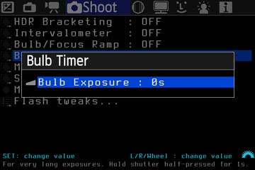 Bulb-Timer-Untermenü mit Bulb Exposure auf null Sekunden