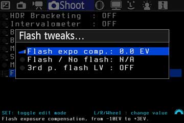 Flash-tweaks-Untermenü mit Blitzkorrektur auf null EV
