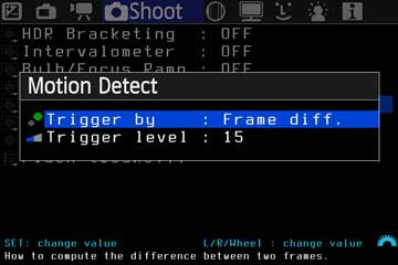 Motion-Detect-Untermenü mit Frame diff. und Trigger level 15