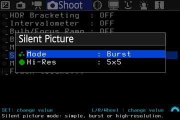 Silent-Picture-Untermenü mit Burst und Hi-Res 5x5